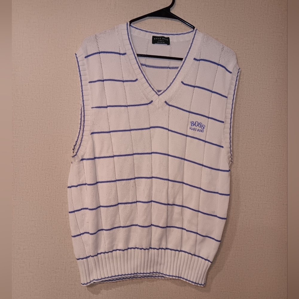 Hugo Boss Golf Pure Cotton  White and Blue Striped V-Neck Sweater Vest Italy